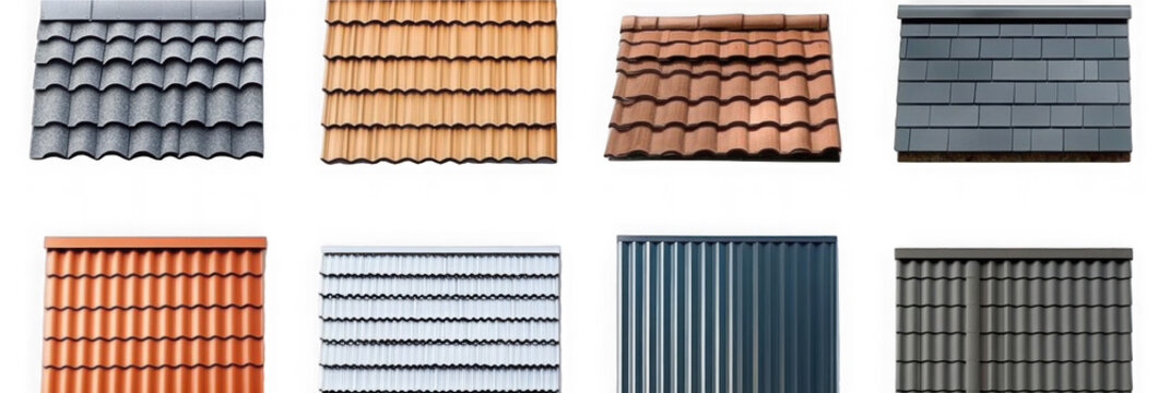 Various roof types isolated on transparent background. Includes shingles, tiles, metal, plastic, fiberglass, and flat roofs in PNG collection
