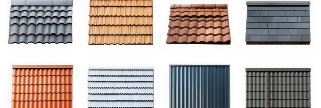 Various roof types isolated on transparent background. Includes shingles, tiles, metal, plastic, fiberglass, and flat roofs in PNG collection
