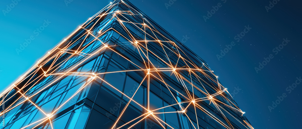 Poster modern building with high tech geometric pattern illuminated at night. structure features sleek desi