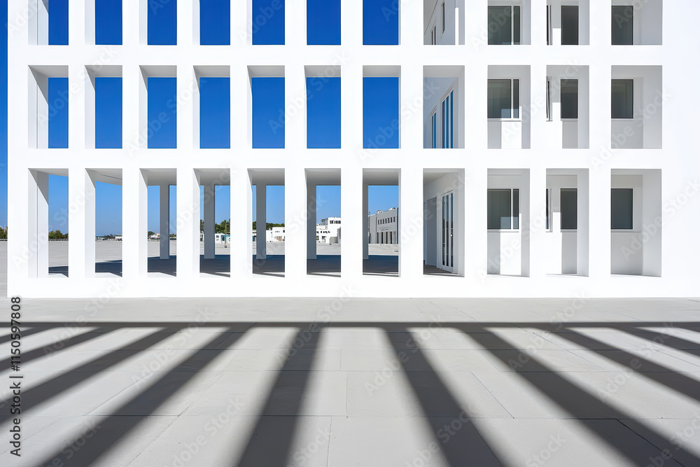 Poster modern architectural design features white building with high tech latticework facade, showcasing ge