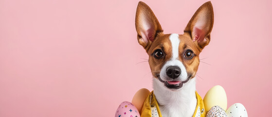 Cute dog wearing festive outfit surrounded by colorful eggs, celebrating joyful occasion