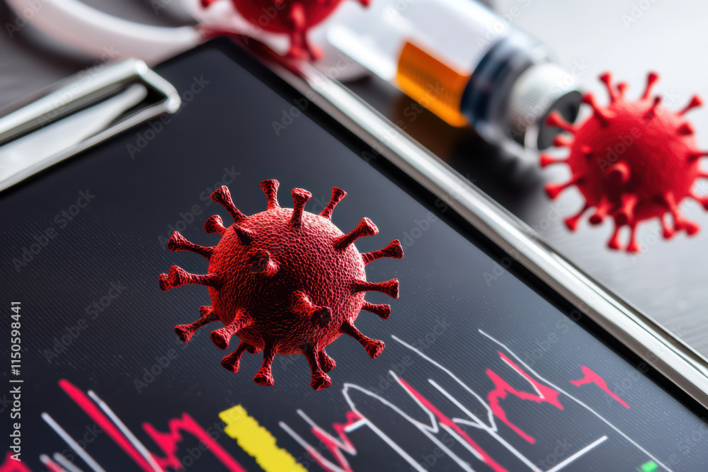 Poster close up of digital screen displaying virus data with syringe and stethoscope. image conveys urgency