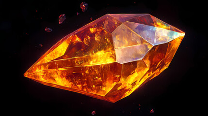 Shiny crystal fire opal gem isolated on black background. natural precious mineral stone artistic illustration. decorative orange fire opal crystal realistic gemstone poster. Opal. Illustration