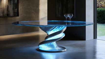 A futuristic dining table with a translucent glowing surface supported by a spiral metal base.