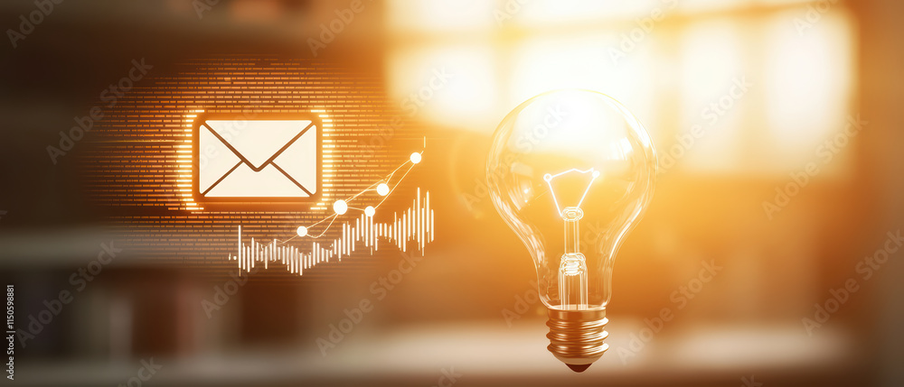 Poster innovative light bulb with email icon and data visualization elements