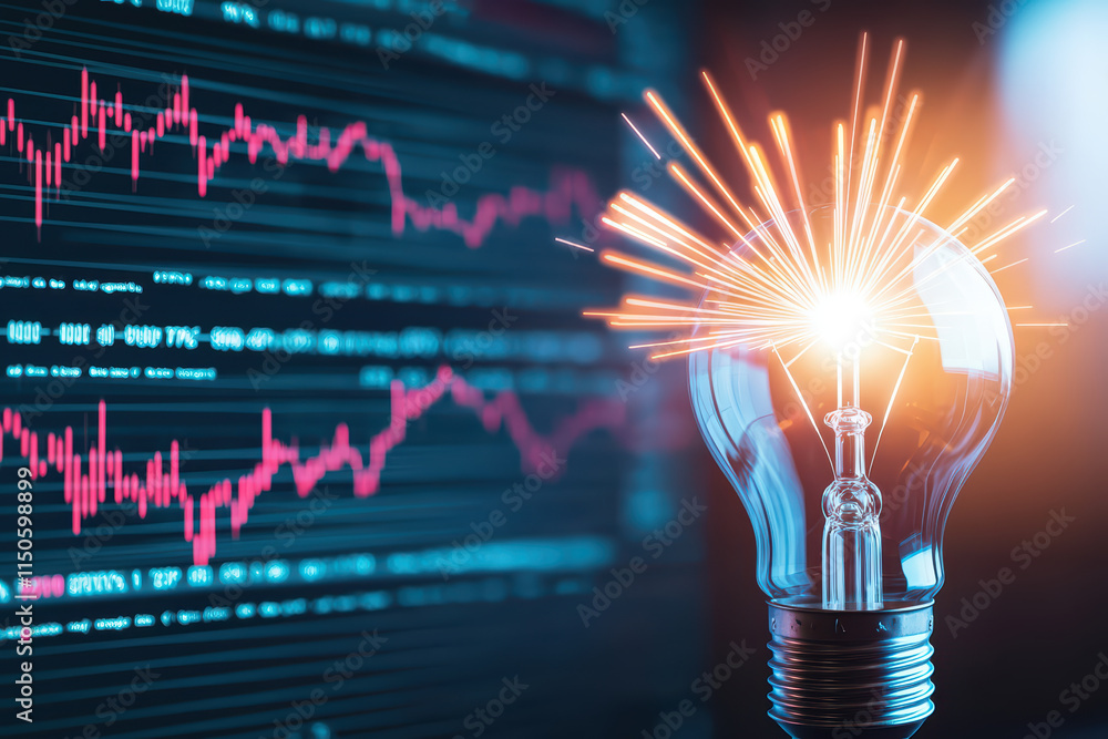 Poster light bulb with sparks symbolizes innovation and technology, set against data graph background