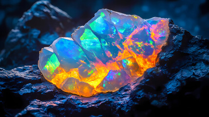 Vibrant opal specimen showcasing radiant colors under bright light. Opal. Illustration