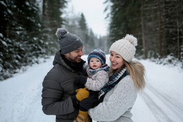 Obraz premium Young family is enjoying winter holiday in the mountains, standing in the middle of snowy forest. 