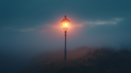 Obraz premium A lone street lamp illuminates a foggy landscape