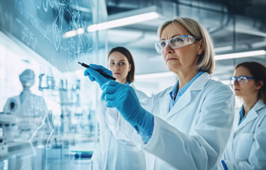 Women, scientist and formula on glass wall at laboratory for teamwork, collaboration and ideas on medical research. People, science and investigation or study with notes for clinical or drug trial 