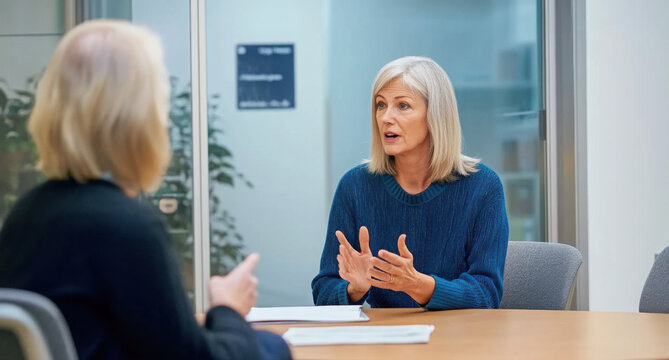 Serious, HR and meeting with employee, talking and discussion for poor performance and journalist. Error, women and explaining to worker, conversation and policy violations of company or disciplinary
