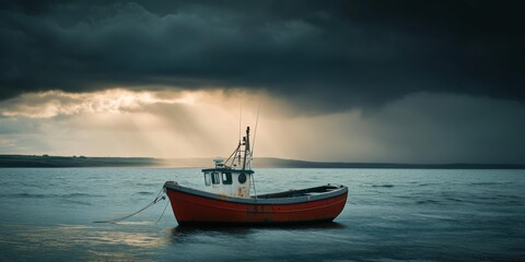 A solitary red fishing boat floats on calm waters under a moody sky. Rays of sunlight break through the dark clouds. This image embodies tranquility in nature and marine life. AI