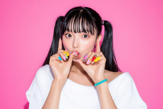 ピンク背景で撮影をしたスポーティな服装をした若い女性のキュートなポートレート 
