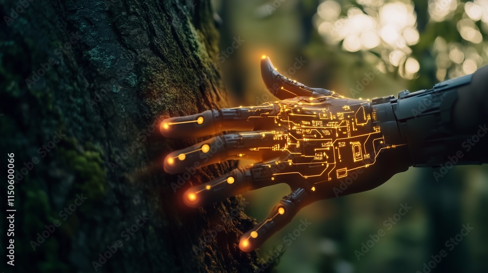 Poster cyborg hand touching a tree with glowing circuits