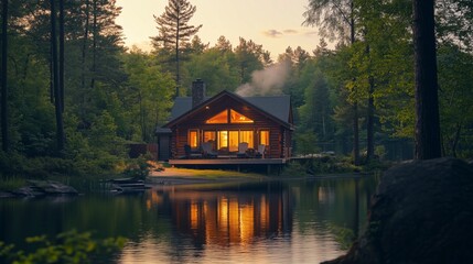 Fototapeta premium Cozy Wooden Cabin Nestled Among Lush Green Trees by Tranquil Lake at Sunset