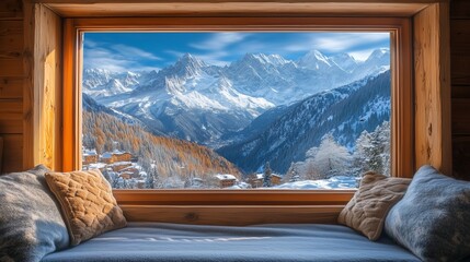 cozy wooden cabin with snow capped mountains. against the backdrop