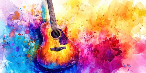 Guitar is painted in a colorful background