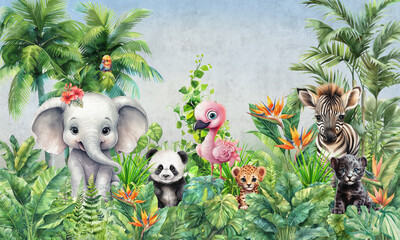 Watercolor Mural wallpaper. Wallpapers for kids. Wallpaper for children's room with baby cute animals.  © александр Бужореан