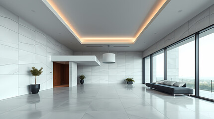 Fototapeta premium Modern minimalist interior with gray walls, polished floor, large windows offering an exterior view, and recessed lighting. Minimal furniture includes a low couch and potted plants.