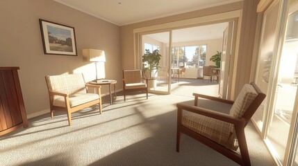 Fototapeta premium Serene first-class suite with sliding doors modern interior bright environment tranquil viewpoint elegant concept