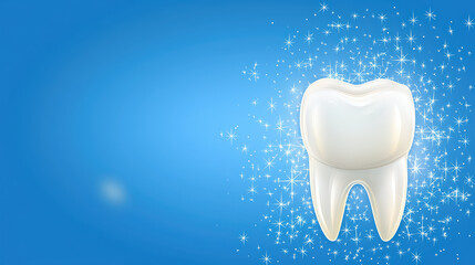 Bright, shiny tooth illustration with sparkling effects on blue background