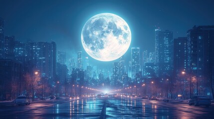 Obraz premium A vibrant cityscape illuminated by a large, glowing moon over a quiet street.