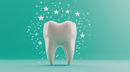 Shiny white tooth surrounded by sparkling stars on mint green background, symbolizing dental health and care