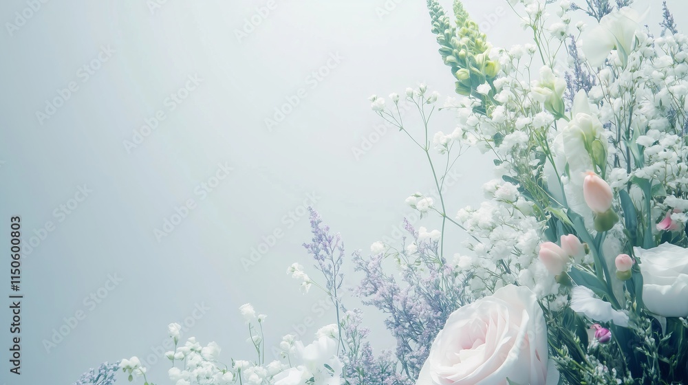 Poster spring flower bouquet over light background with copy space.