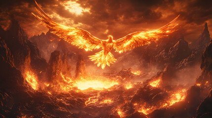 A glowing phoenix soaring above a surreal volcanic landscape.