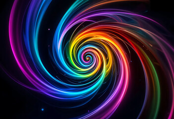 Mesmerizing Rainbow Spiral of Neon Light Trails on Black Background, Abstract Energy Flow Visualization
