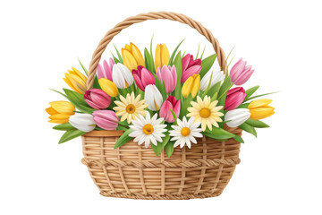 Colorful bouquet of flowers in a wicker basket, cut out - stock png.