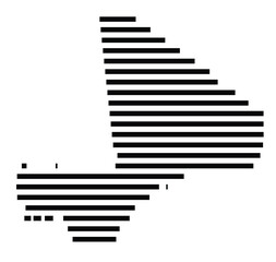 Abstract map of Mali showing the country with horizontal black lines