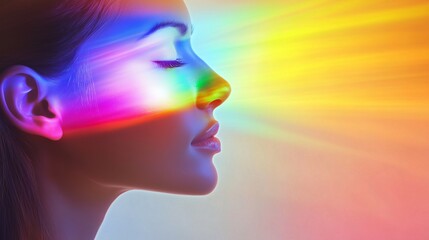 Vivid rainbow light reflected across serene female face