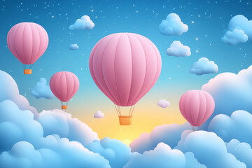 Fototapeta premium Pink hot air balloons flying over white clouds at sunset
