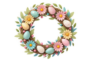 Easter wreath with eggs and flowers, cut out - stock png.
