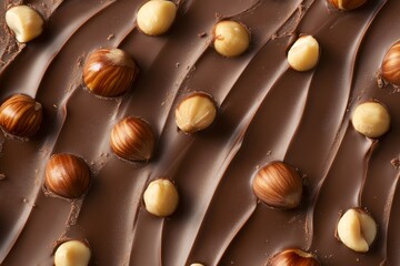 Fototapeta premium Hazelnut and chocolate spread full frameborder. Cocoa cream with whole hazelnuts background. Nut chocolate butter, paste top view. Food backdrop. Melted chocolate cream and nuts kernels