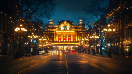 A grand theater glowing with soft golden lights surrounded by glowing street lamps on a bustling avenue.