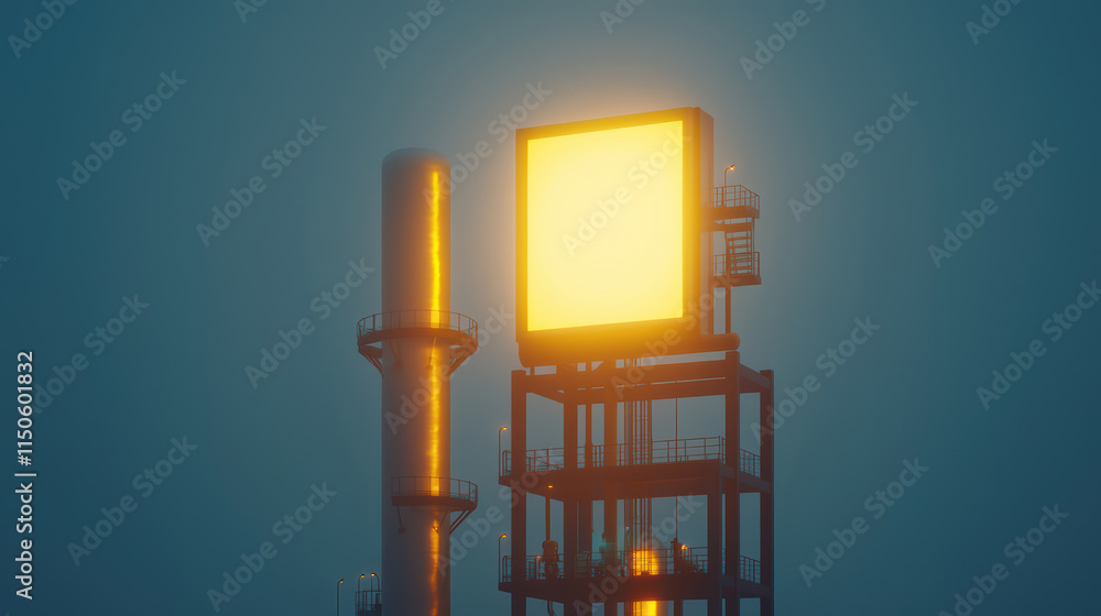 Poster glowing industrial structure with large illuminated panel at dusk, showcasing modern architecture an