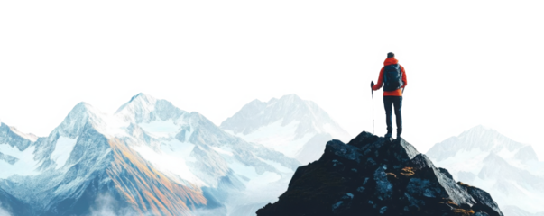Traveler standing on a snowy peak, overlooking mountain range, cut out 
