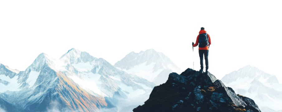 Traveler standing on a snowy peak, overlooking mountain range, cut out 
