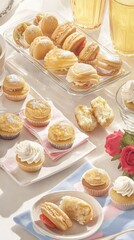 Colorful sunday brunch with mini sandwiches and cupcakes outdoor setting food bright daylight