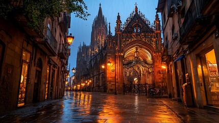 Fototapeta premium Gothic cathedral at night, rain reflecting on wet cobblestone street.
