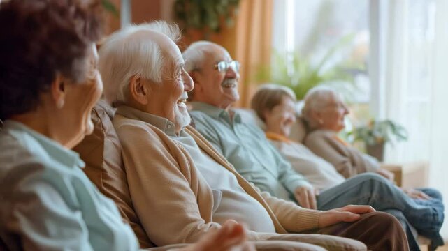 Seniors enjoying laughter and companionship in a cozy living room during the afternoon