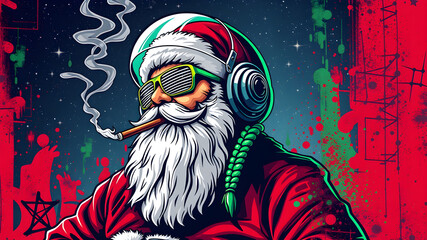vector santa with green braid in beard, smoking a joint wearing Shutter Shades and a space helmet. Backgound is galaxy and stars with layer of red and green graffiti spray paint. Generative AI