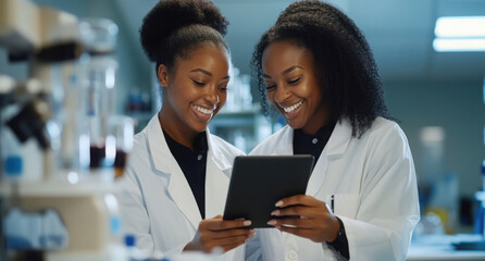 Fototapeta premium Women, scientist and tablet with research, laboratory and digital study for healthcare science. Happy, technology and bacteria testing for vaccine, drug trail and reading medical report in clinic 