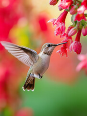 Fototapeta premium Nature's Moment: A Hummingbird Sipping Nectar Close-Up