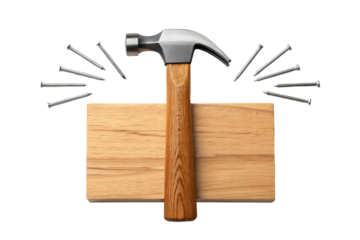 Hammer drives nails into wood, cut out - stock png.