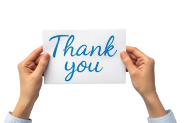 Hands with a thank you card on white, cut out - stock png.