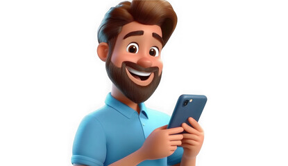 Cartoon happy smiling man holding smartphone in hands, with joyful and charming smile 3d rendering   © BOTAHRY DEX