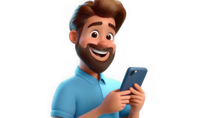 Cartoon happy smiling man holding smartphone in hands, with joyful and charming smile 3d rendering 

